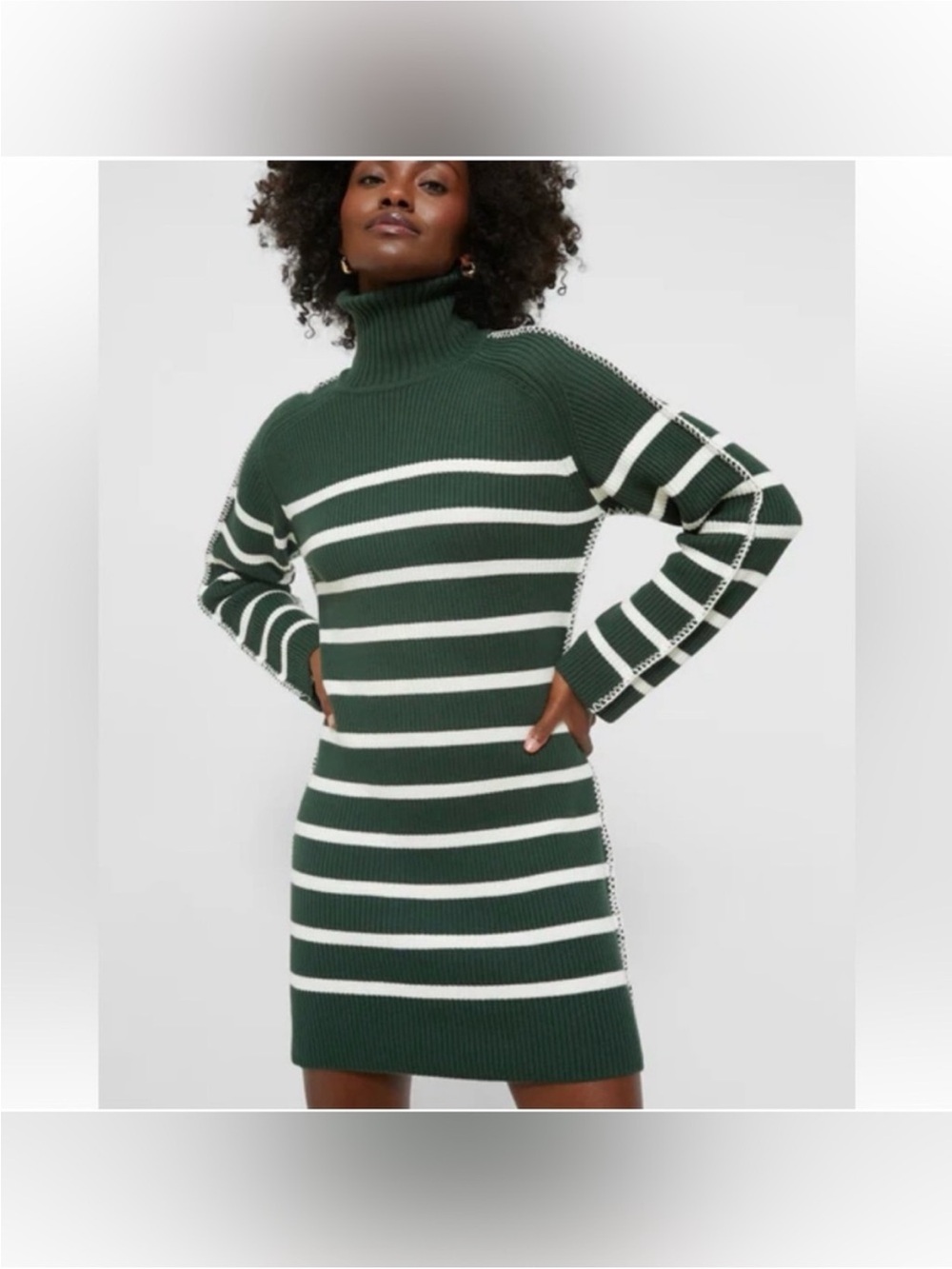 Tuckernuck Hyacinth House Turtleneck Sweater Dress in Dark Green and White